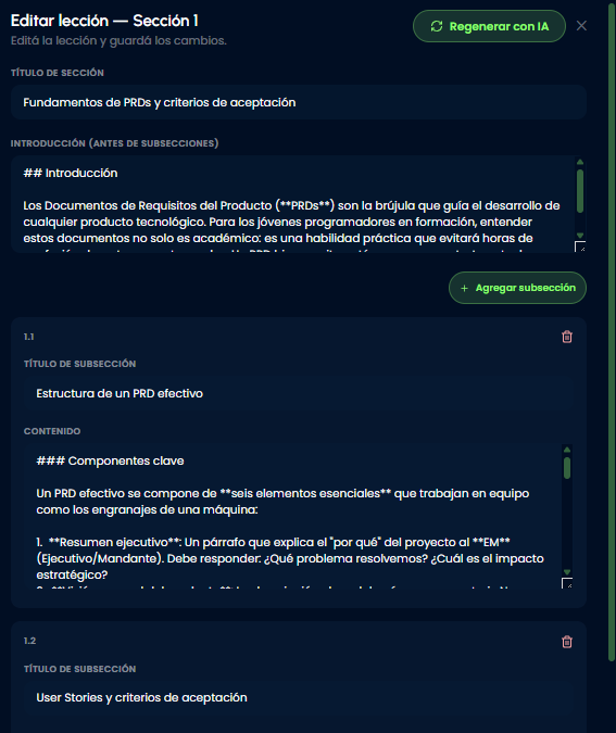 Edición profunda de secciones y subsecciones para refinar contenido sin salir del flujo de trabajo.