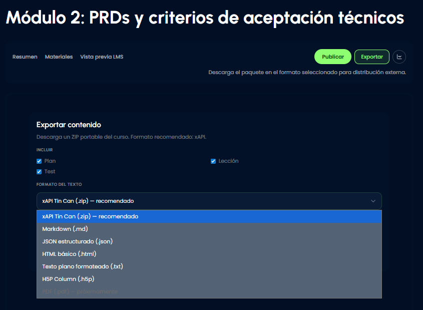 Exportación lista para distribución en formatos reutilizables dentro de distintos entornos.